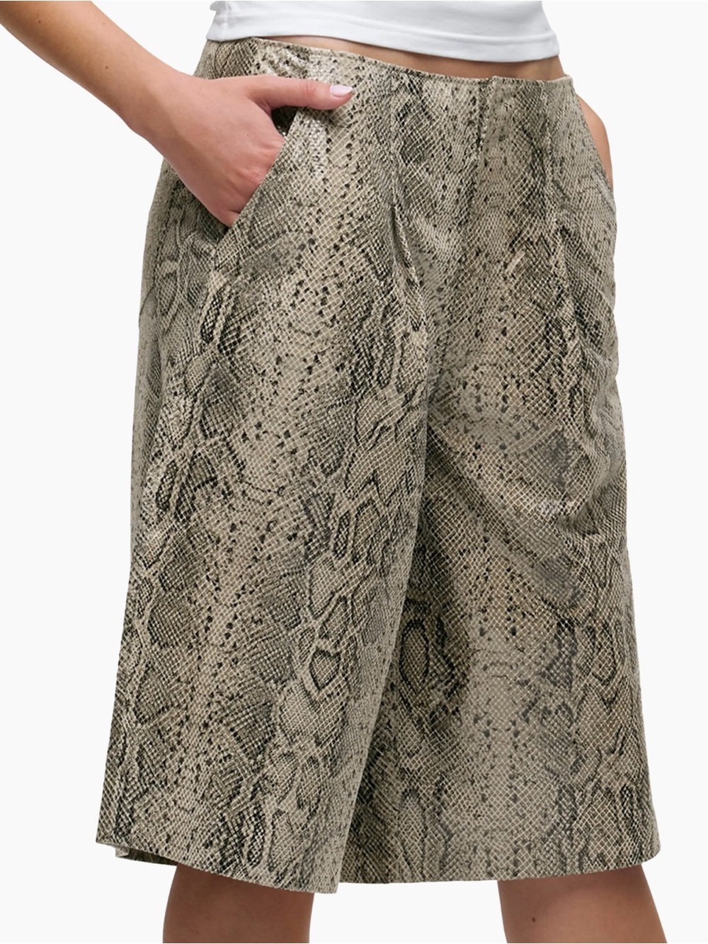 Hudson Jeans Snake-Print Leather Trouser Shorts Taupe & Black